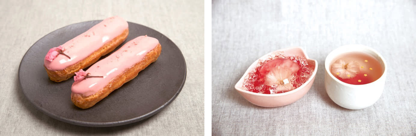 左:pâtisserie Sadaharu AOKI paris的「Eclair Sakura」/右:櫻花口味的飲品(來源:FASHION PRESS)