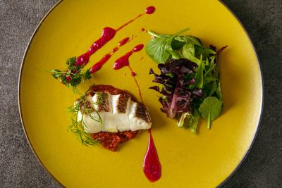 Pan-Seared Sea Bream with Basil-Scented Tomato Sauce served with Red Cabbage Vinaigrette Salad -