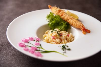 Seasonal Vegetable Risotto with Crispy Fried Shrimp