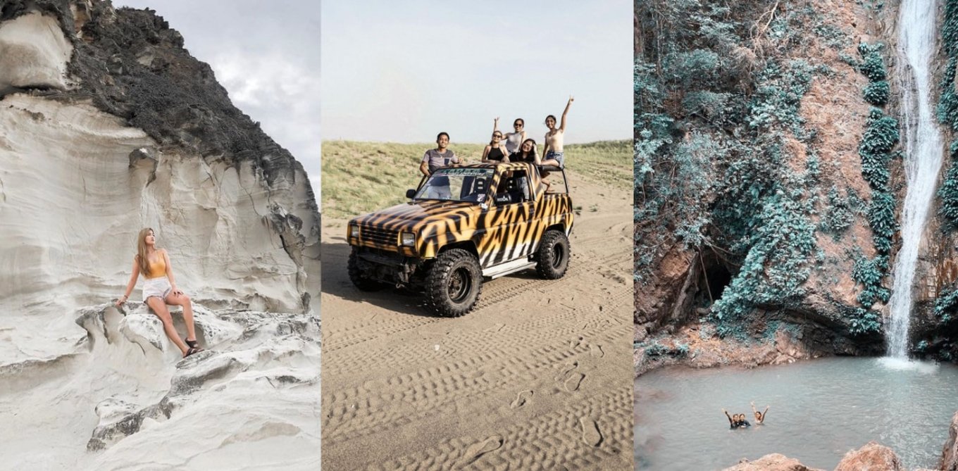 collage of a girl in kapurpurawan rock formation, friends in paoay sand dunes, and girls in kabigan falls