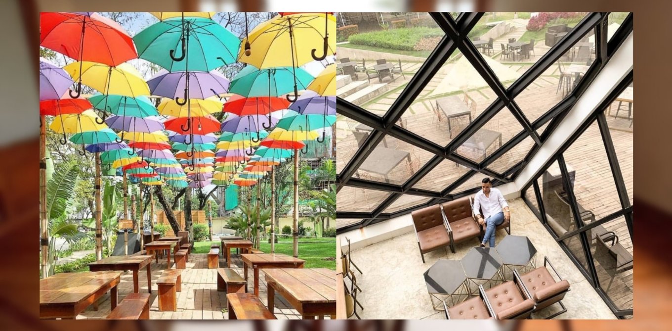 umbrellas over table and aerial view of man sitting in dining area at cebu restaurants