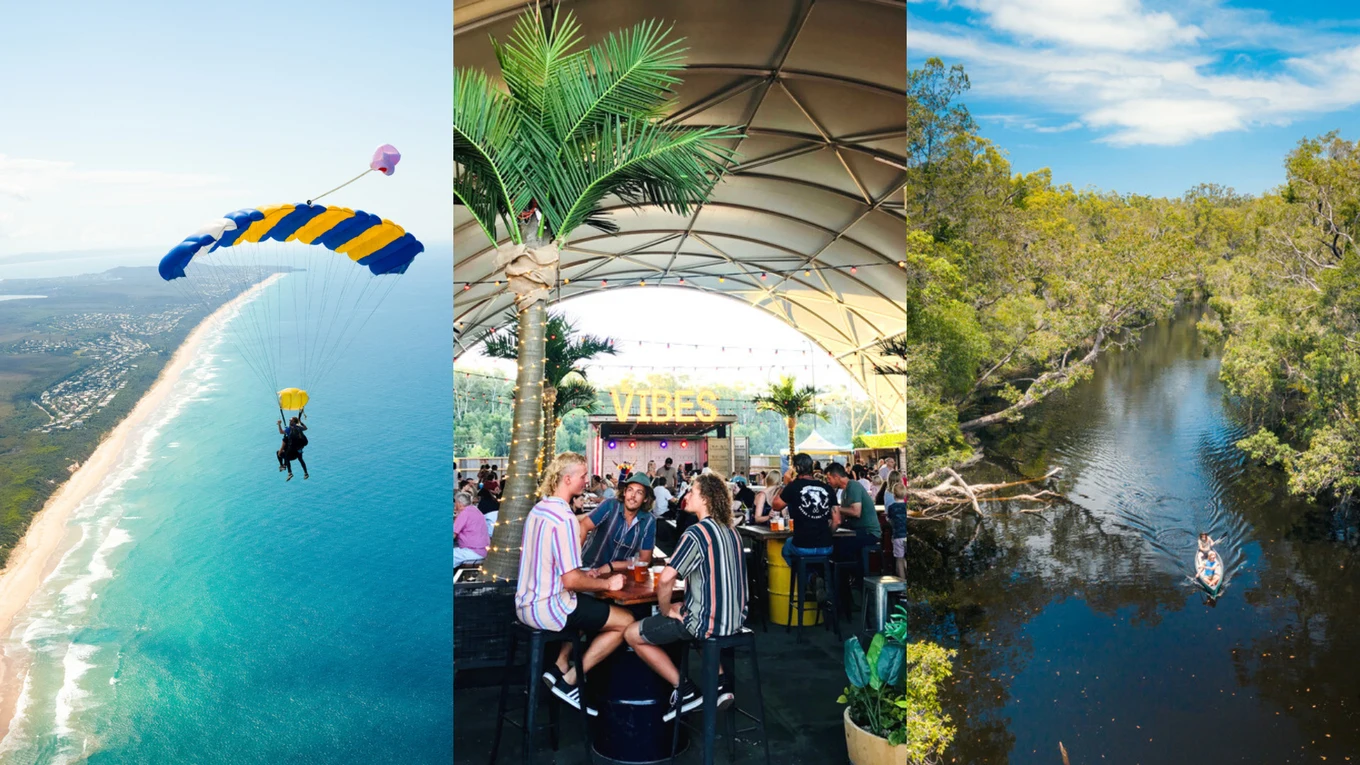 NightQuarter | Credits to NightQuarter;  Noosa Everglades | Credits to Visit Sunshine Coast; Skydive Noosa | Credits to Skydive Noosa 