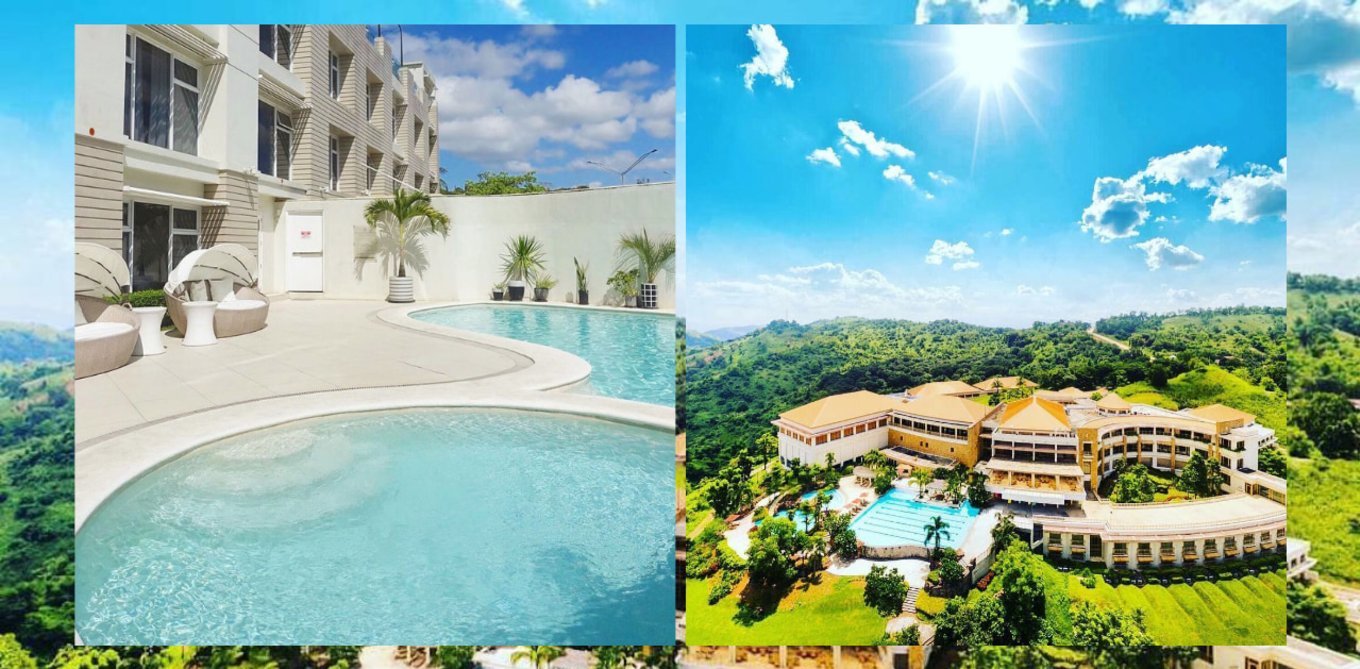 photo collage of pool and aerial view of resort