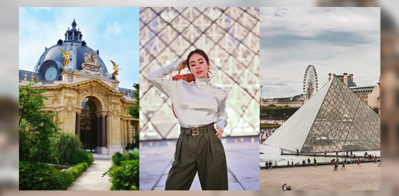 collage of photos in paris with celebrity in louvre