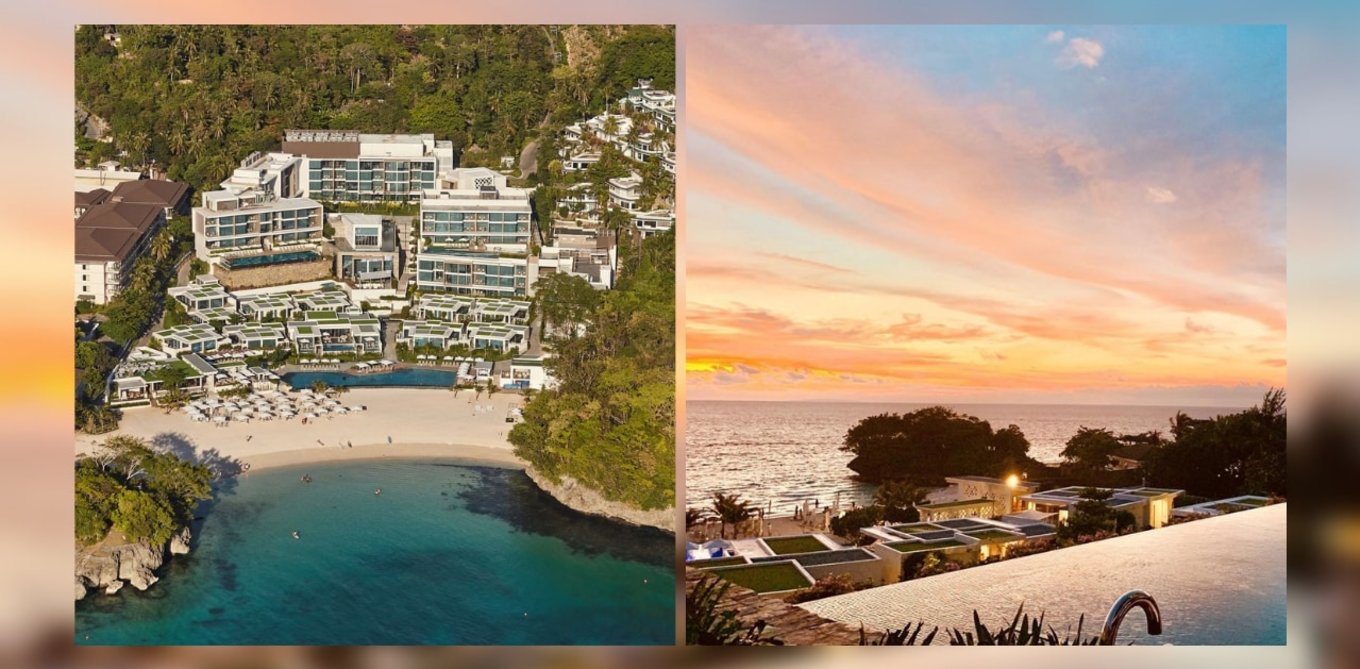 aerial view of beach resort and infinity pool collage