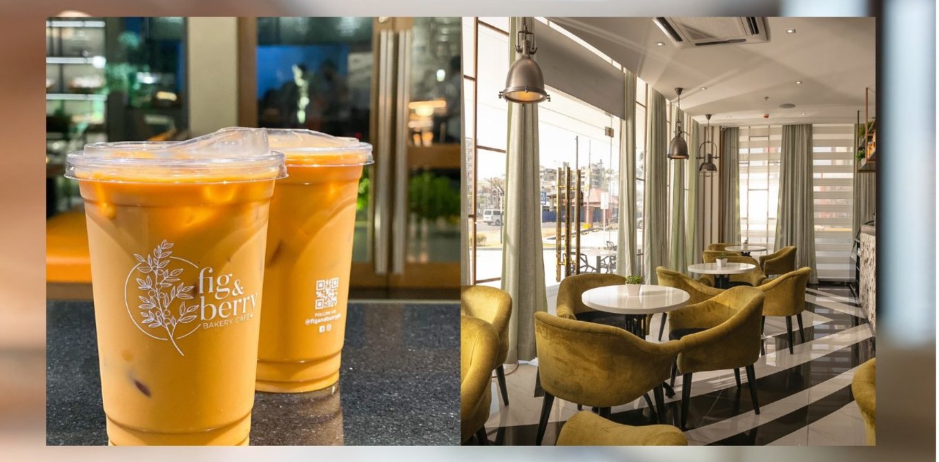 two iced coffees and restaurant interiors