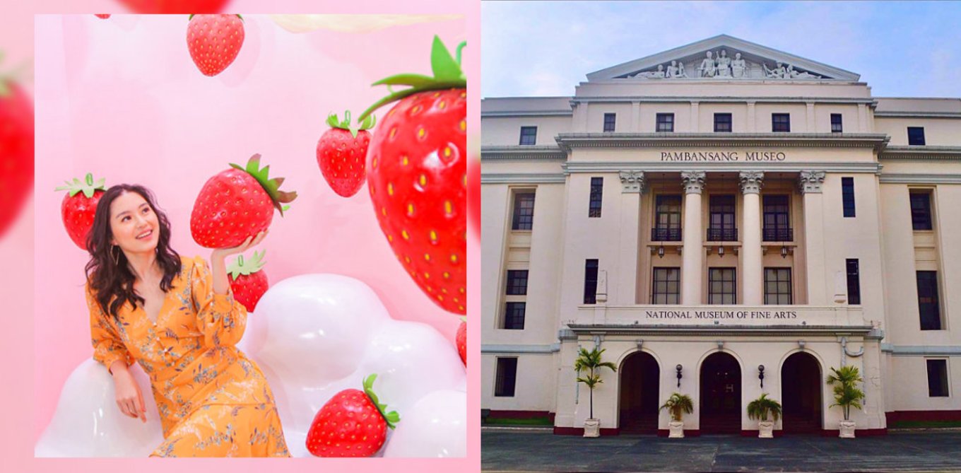 Facade of the museum and a happy girl surrounded with strawberries