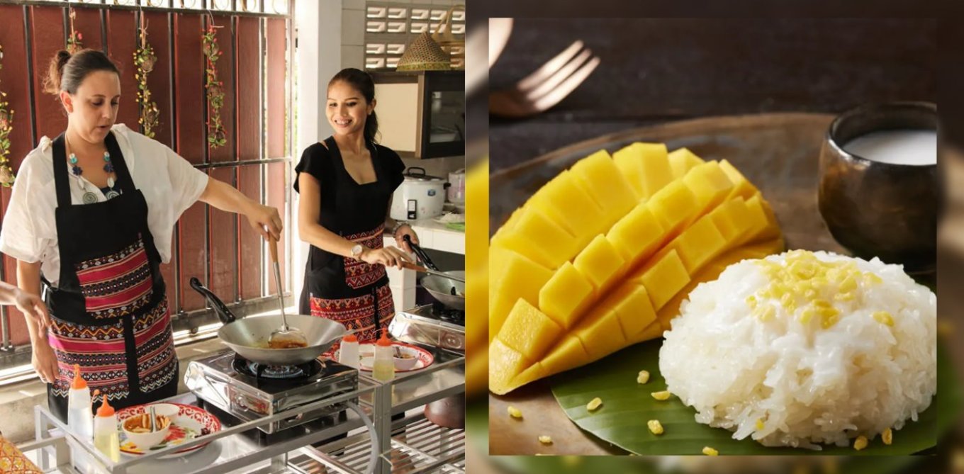 Group of women cooking and a mango dish