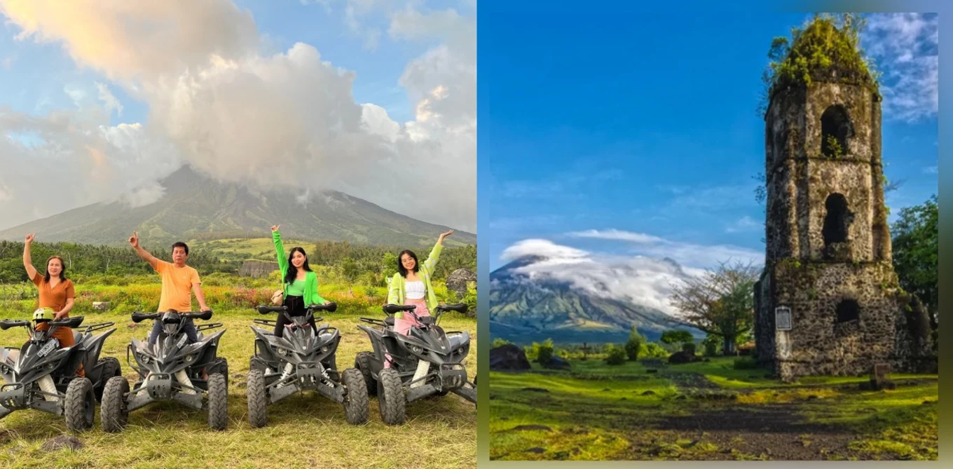 Nagcasawa Ruins and People in ATV rides with the view of Mt. Mayon