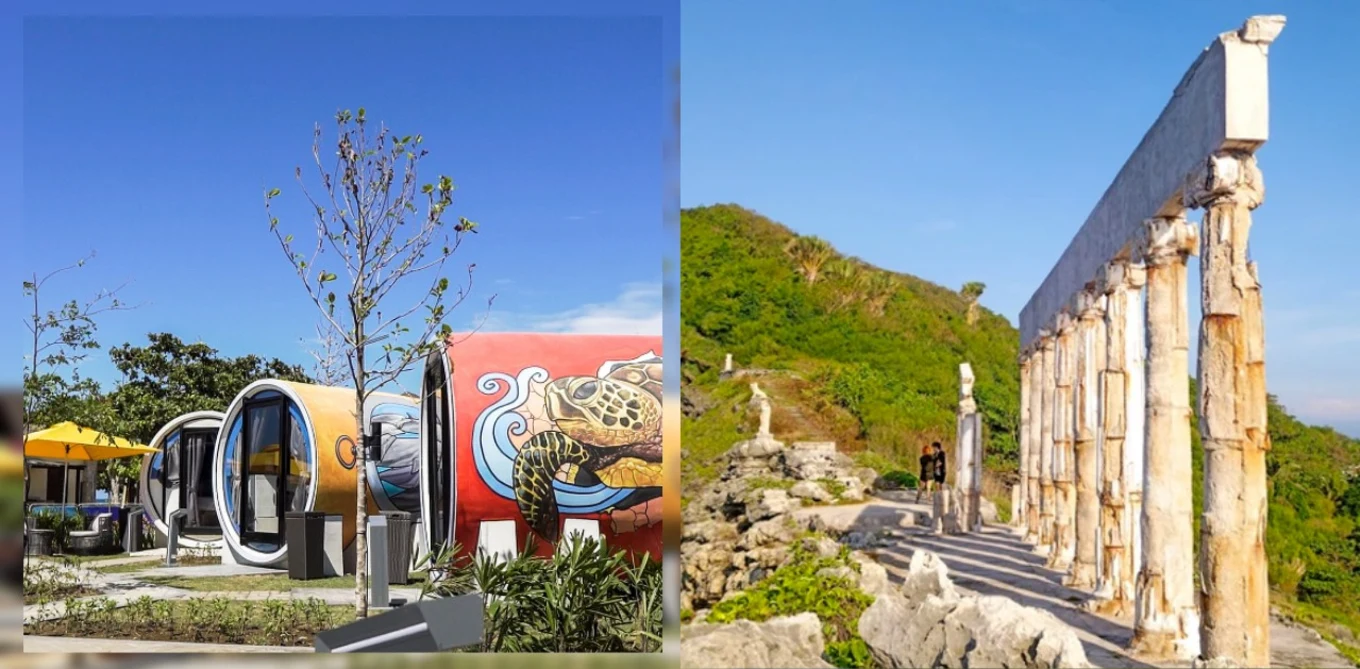 Cocoon like accommodation and a grecian architecture in an island