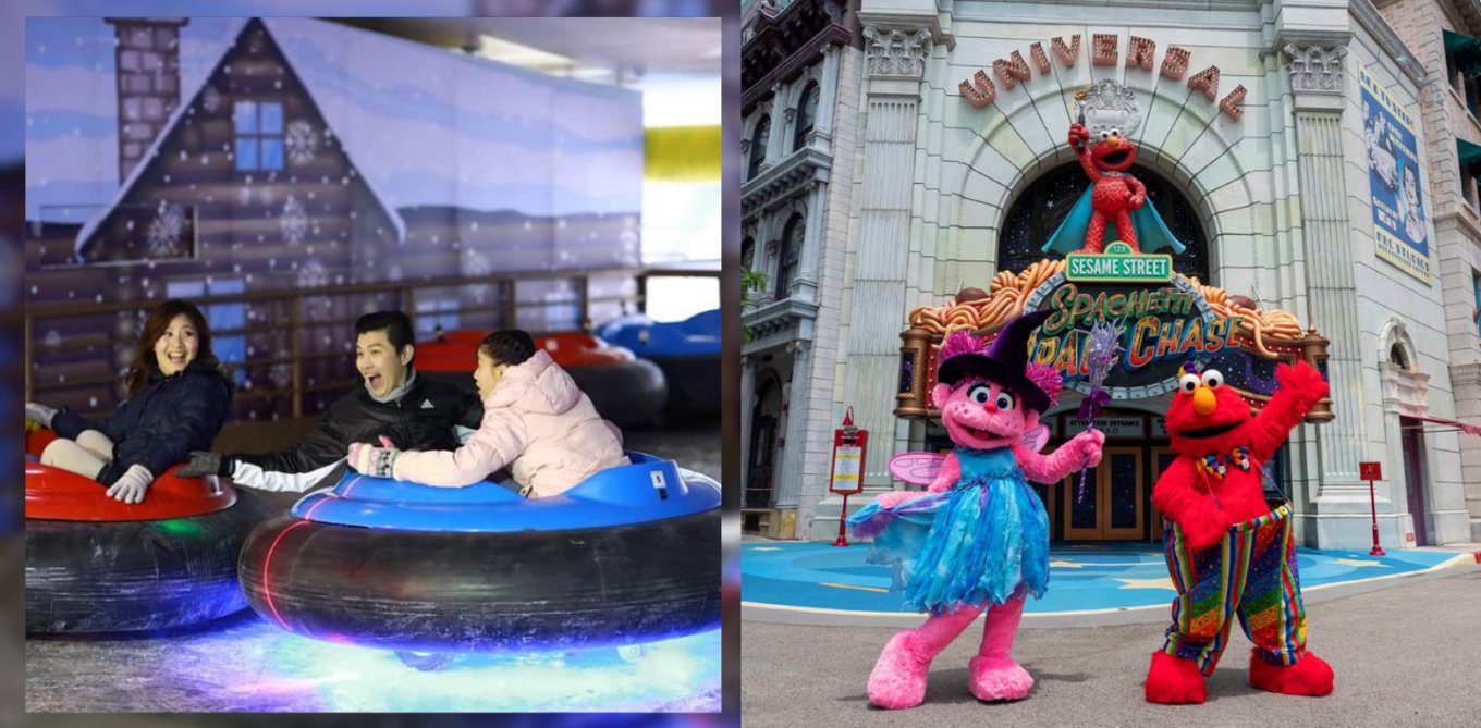 Family in snow world and mascots of cartoon character