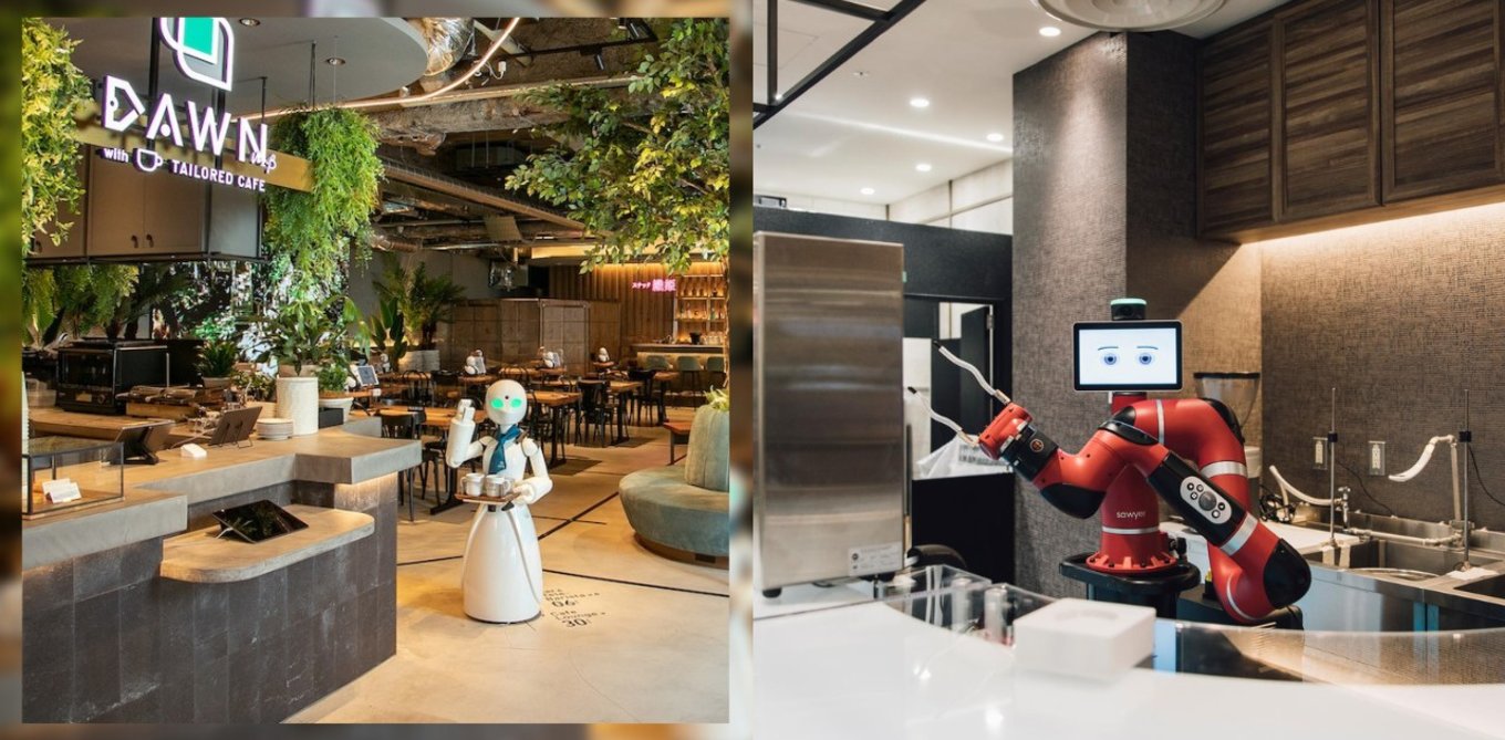 Two robots serving in the restaurant