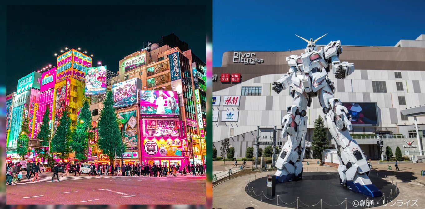 Akihabara at night and a big Gundam statue