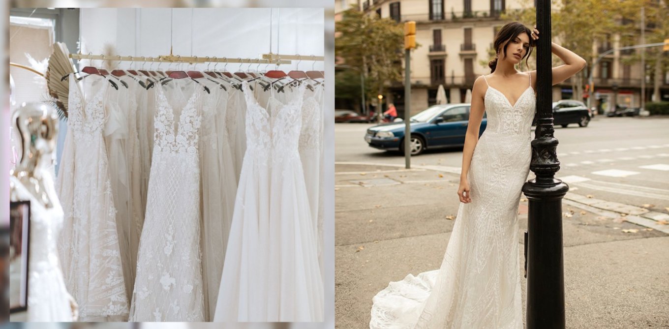 Wedding gowns in a rack and a girl in throne wearing wedding gown