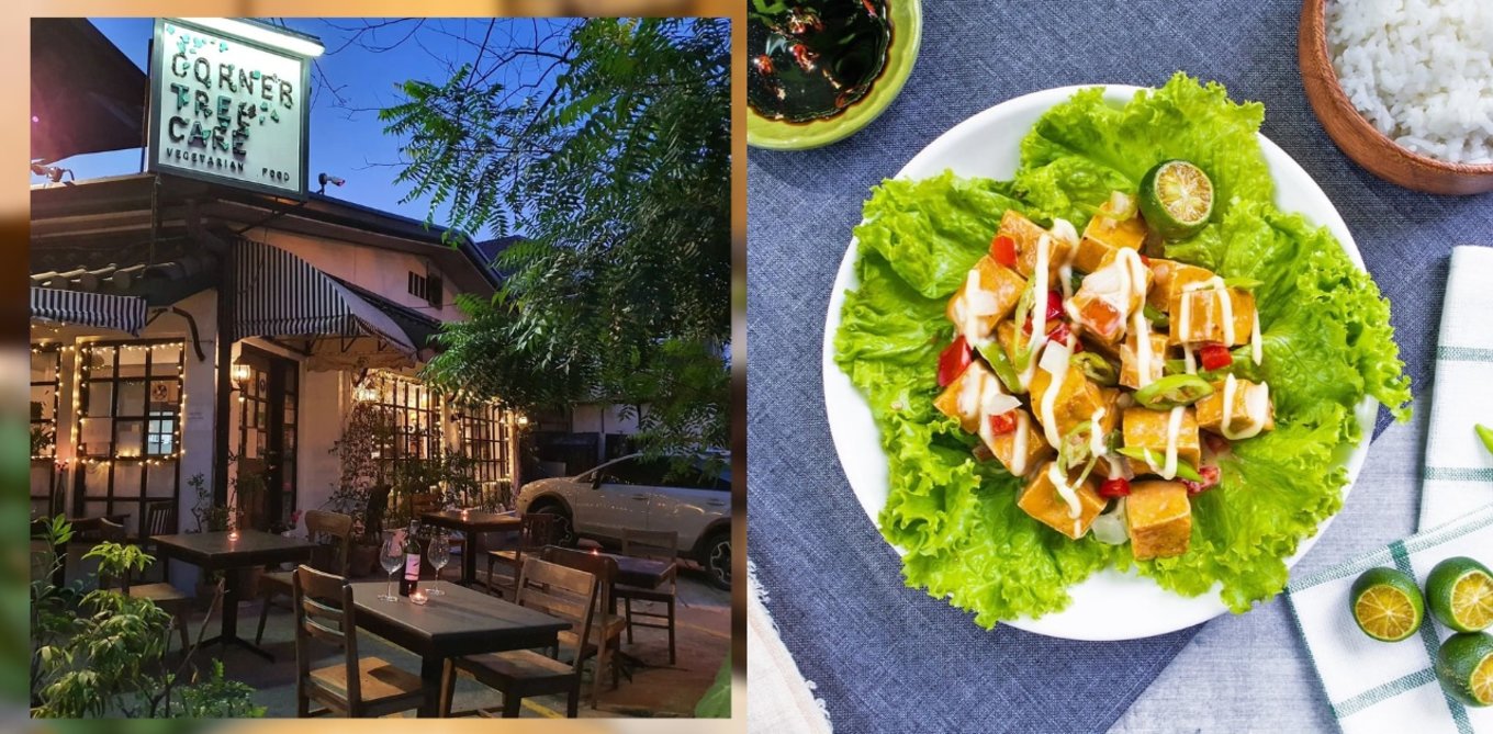 Corner tree Cafe facade at night and vegetable with toffu