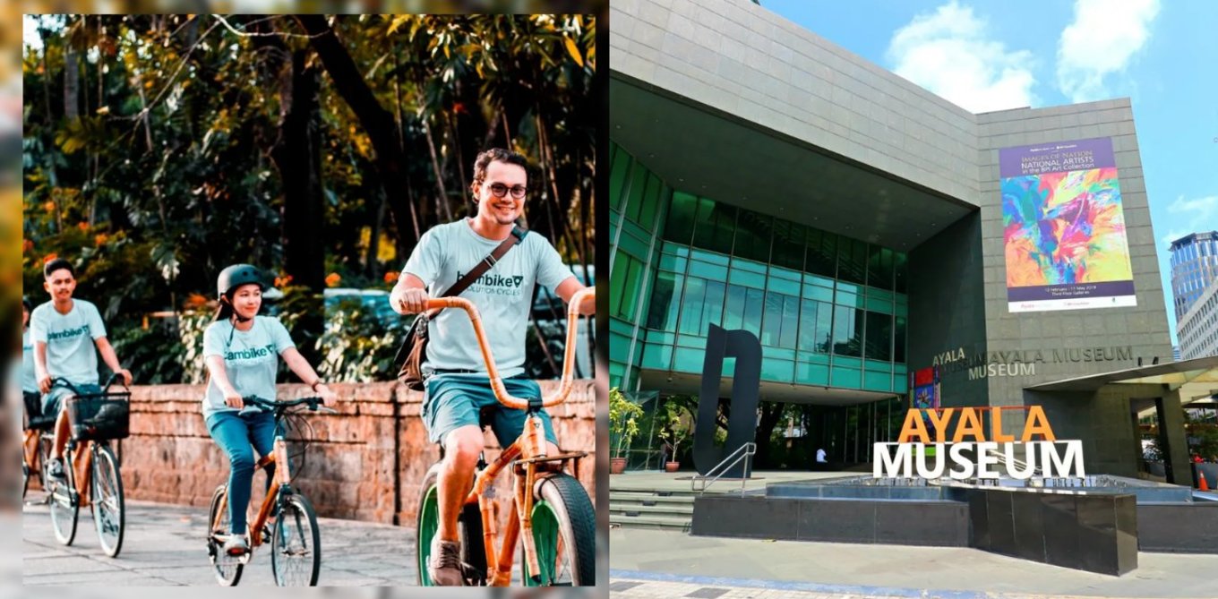 People riding bamboo bike and Ayala Museum facade