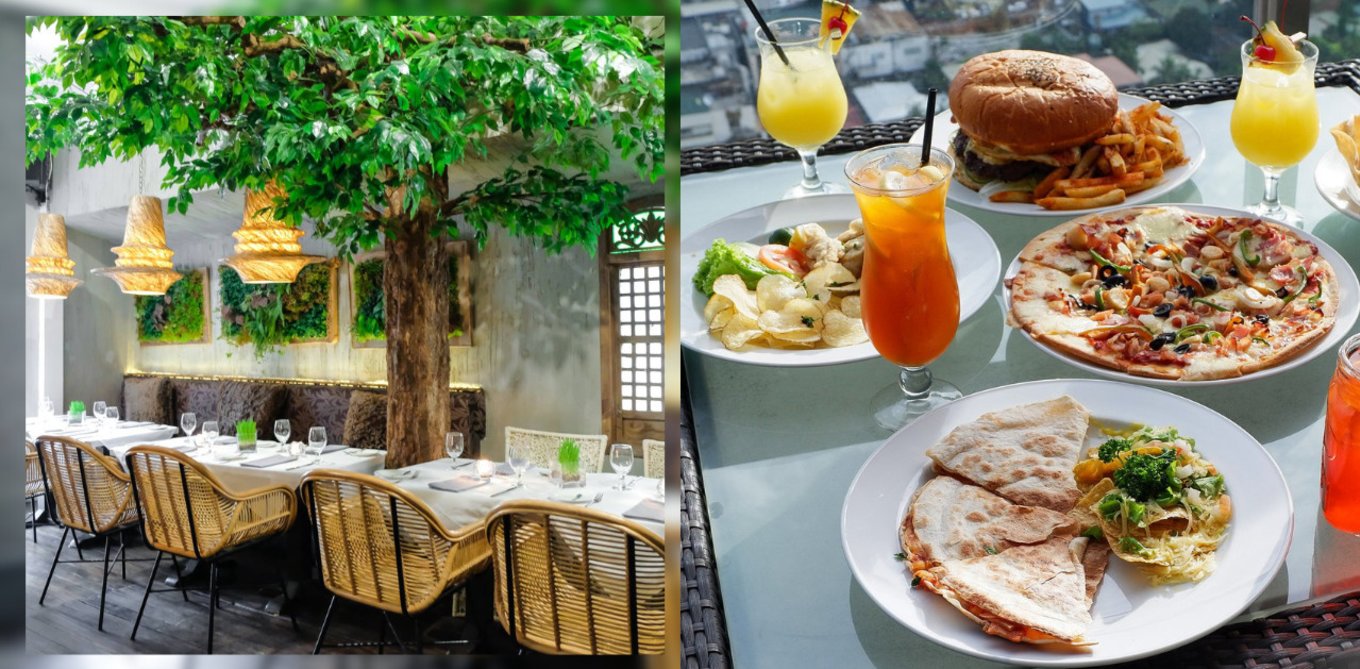 Dining table with a tree and foods in the table