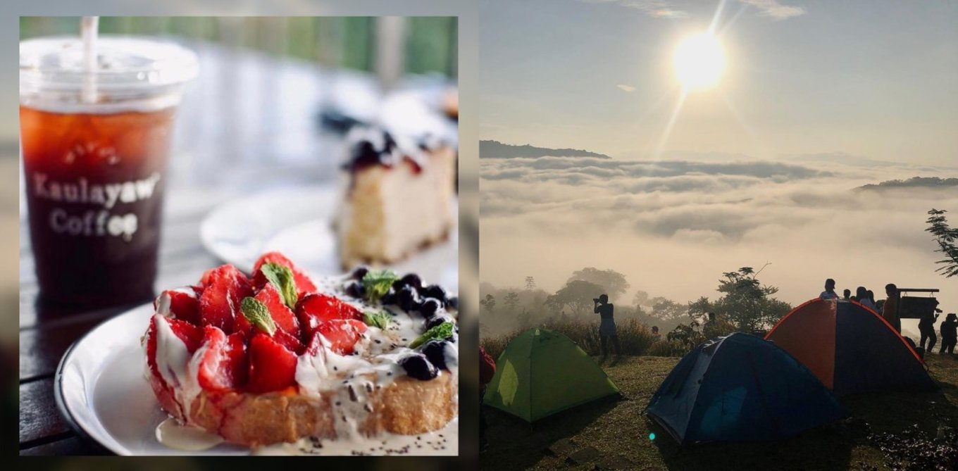 photo collage of toast and coffee with campsite with view