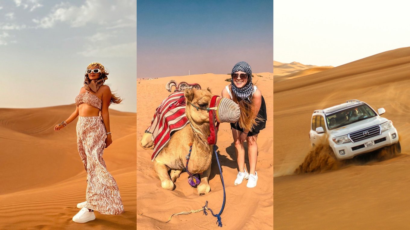 collage of people enjoying the desert safari in dubai