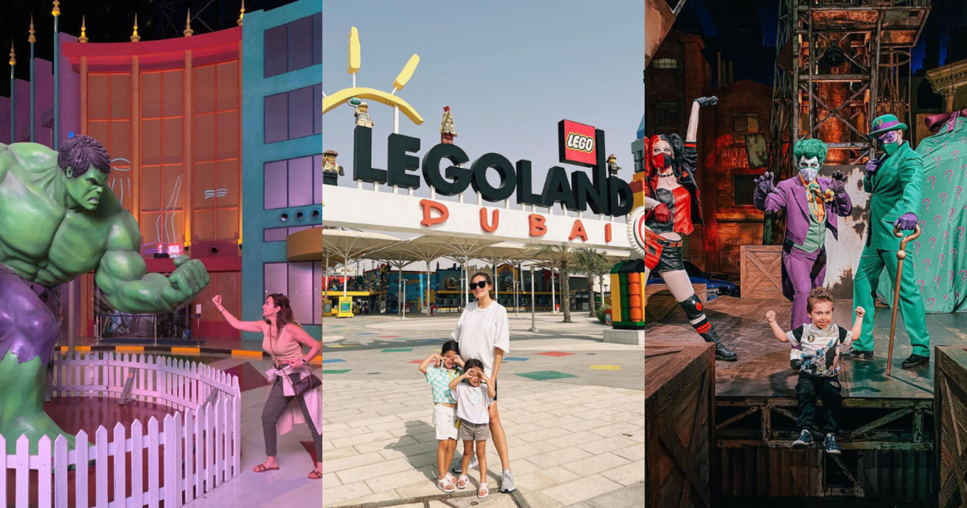 collage of dc/marvel theme parks in UAE