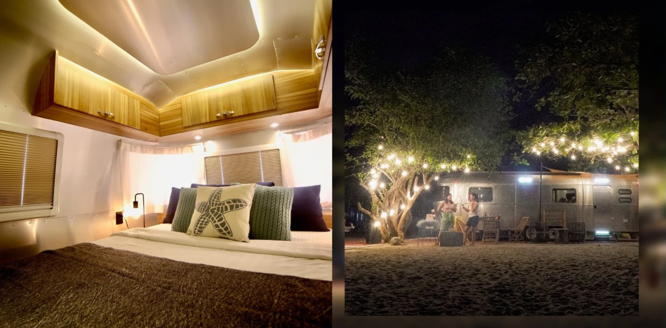 cozy camper bedroom and exterior camper shot at night