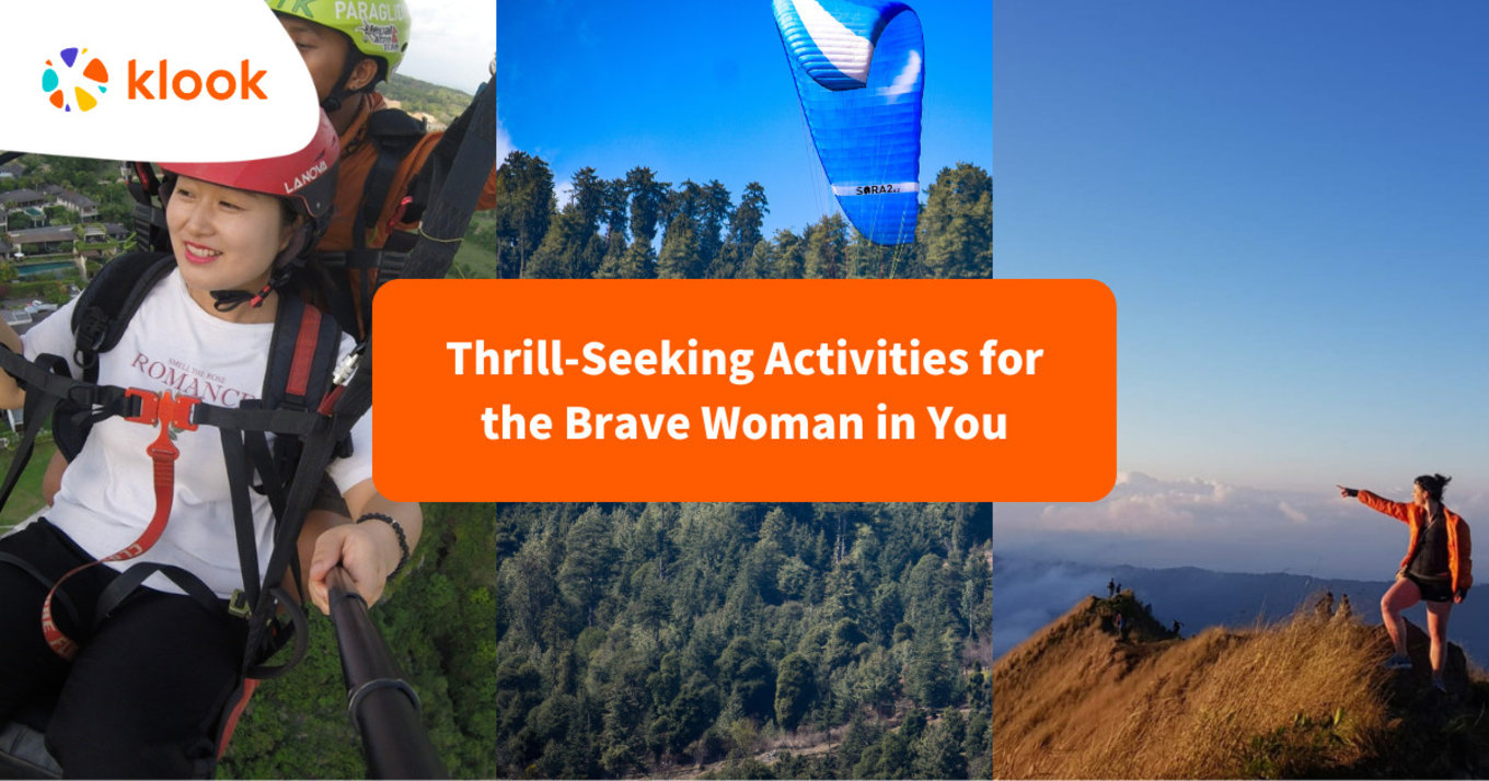 three images of women enjoying thrill-seeking travel activities like paragliding and hiking