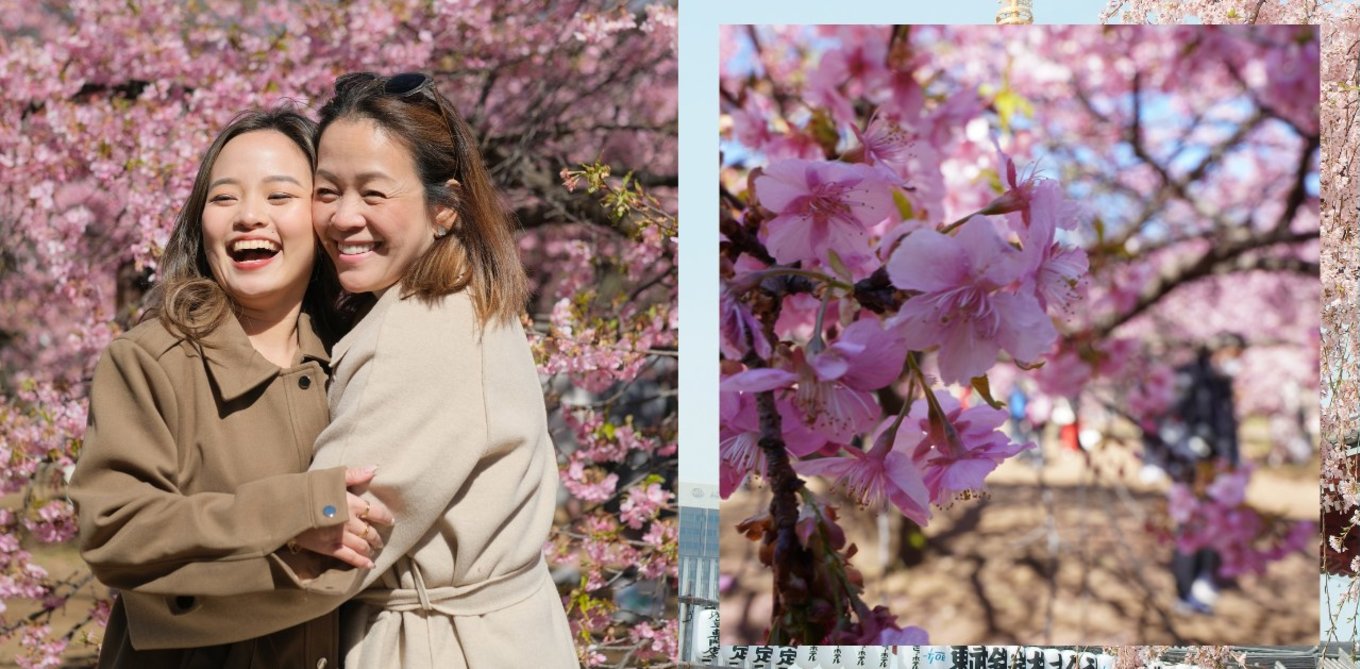 mom and daughter in japan during cherry blossom season