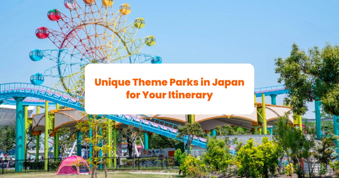 a theme park during a sunny day, featuring a tent and trees in the foreground and a ferris wheel in the background