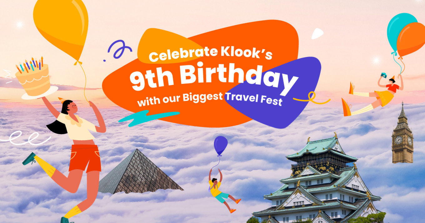 celebrate klook's 9th birthday with our biggest travel fest as copy along with famous landmarks and fun birthday illustrations