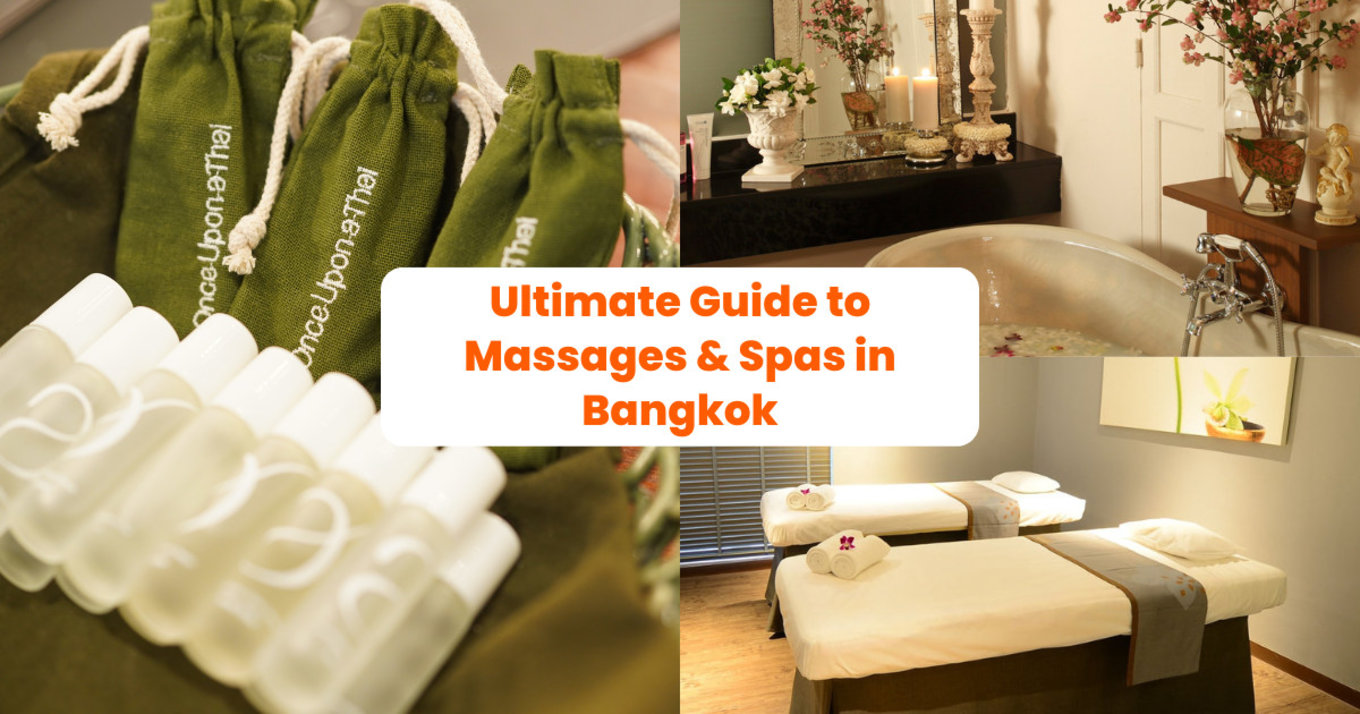 a collage of spa interiors with the article title in the middle reading, "Ultimate Guide to Massages & Spas in Bangkok"