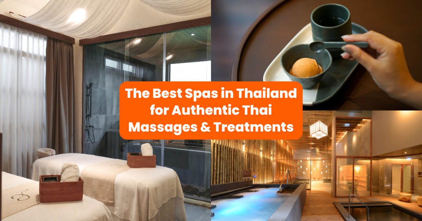 a collage of three photos showing interiors of spas in thailand with the title of the article in the middle