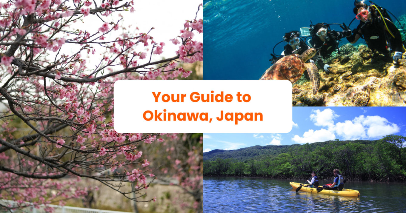 a collage of photos from okinawa with a paragraph title, your guide to okinawa japan