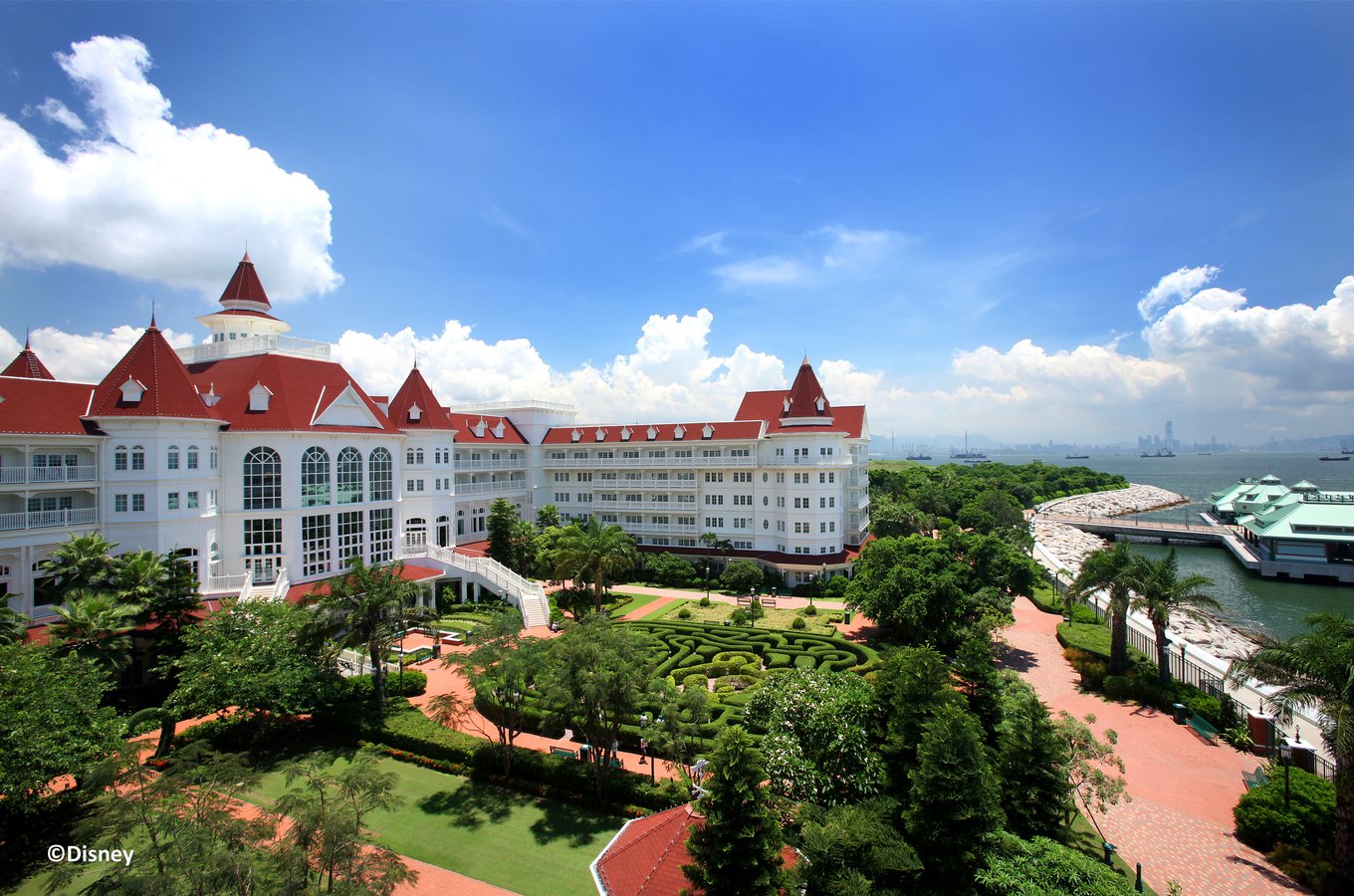 aerial shot of hong kong disneyland hotel