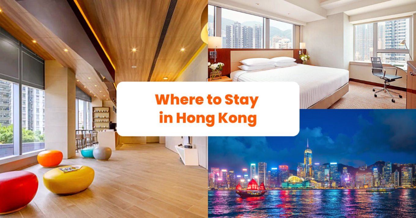 a collage of images, two are interiors of hotels, and one is of victoria harbour in hong kong