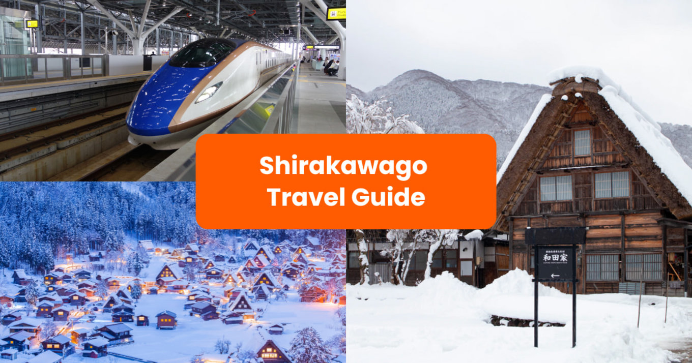 a collage of photos featuring houses in shirakawago and hokuriku train