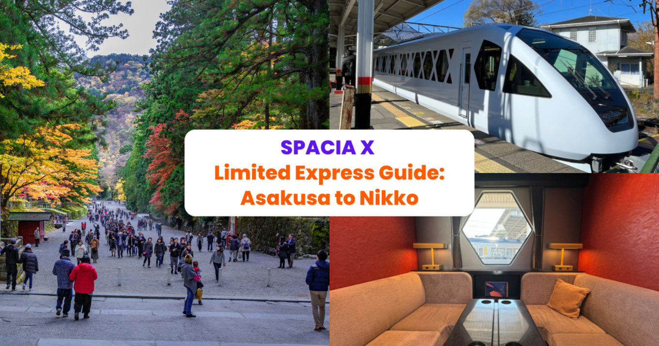 a collage of photos showcasing spacia x's interior and exterior, as well as a location in Nikko