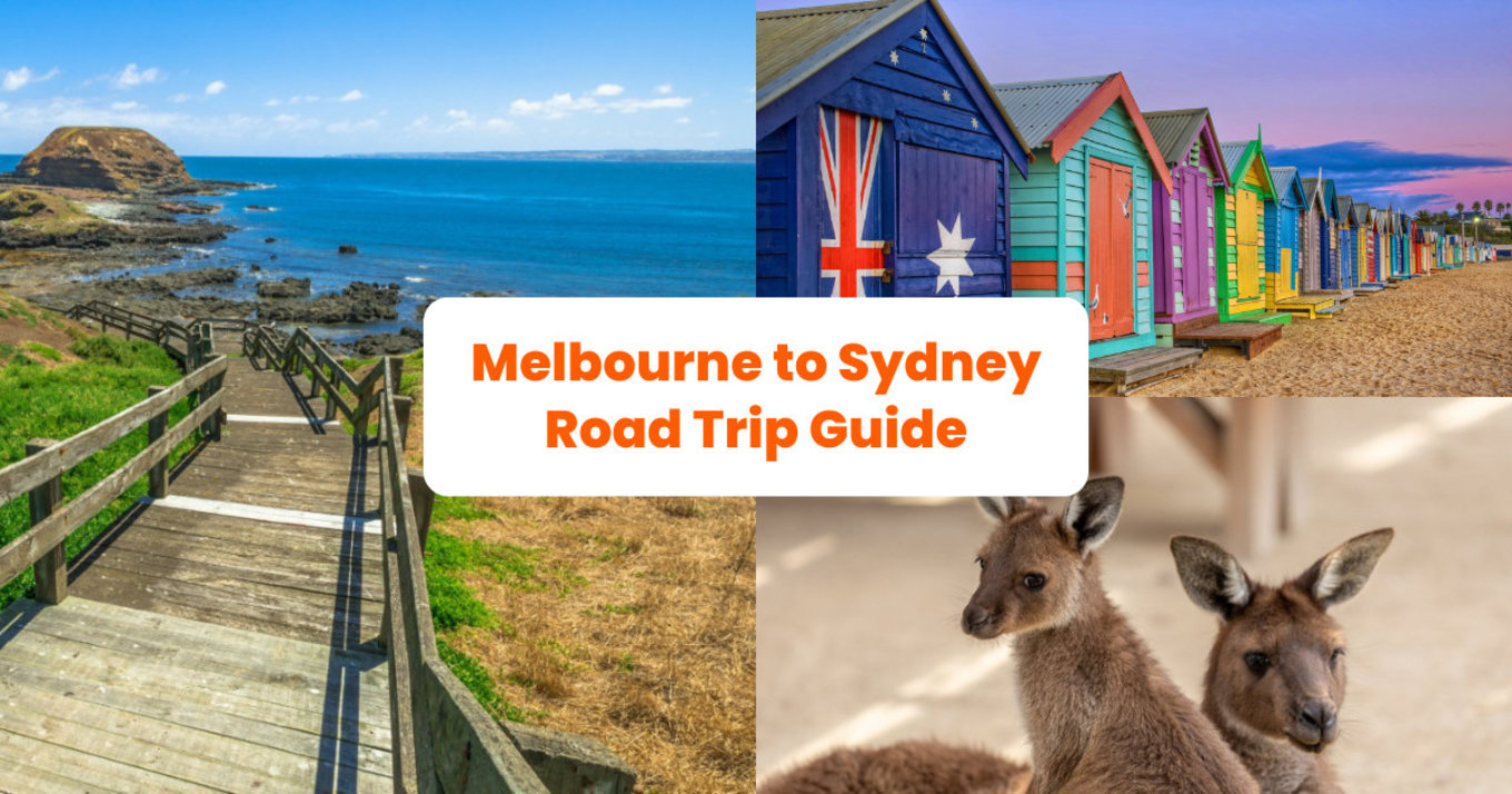 a collage of photos of landmarks in Australia with the title in middle "melbourne to sydney road trip guide"