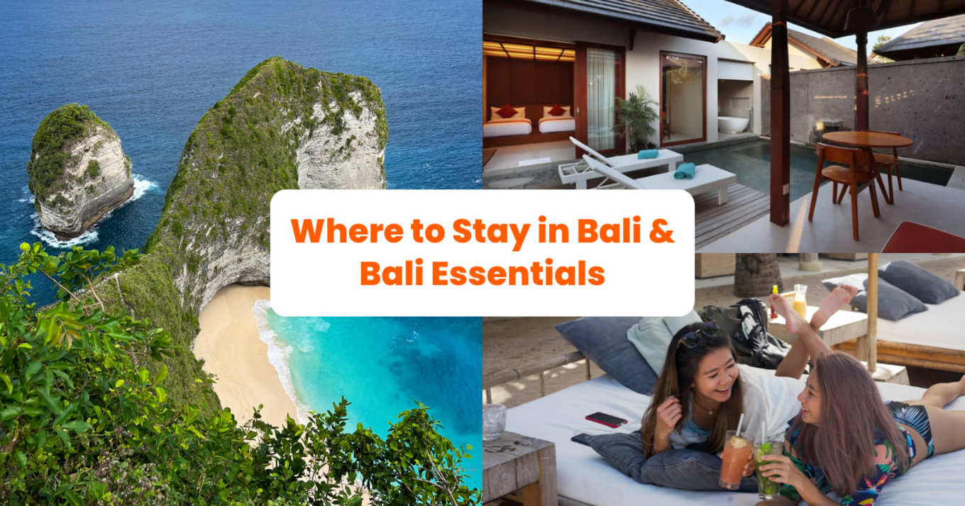 a collage of photos taken in Bali showing accommodation, landmarks, and people enjoying drinks