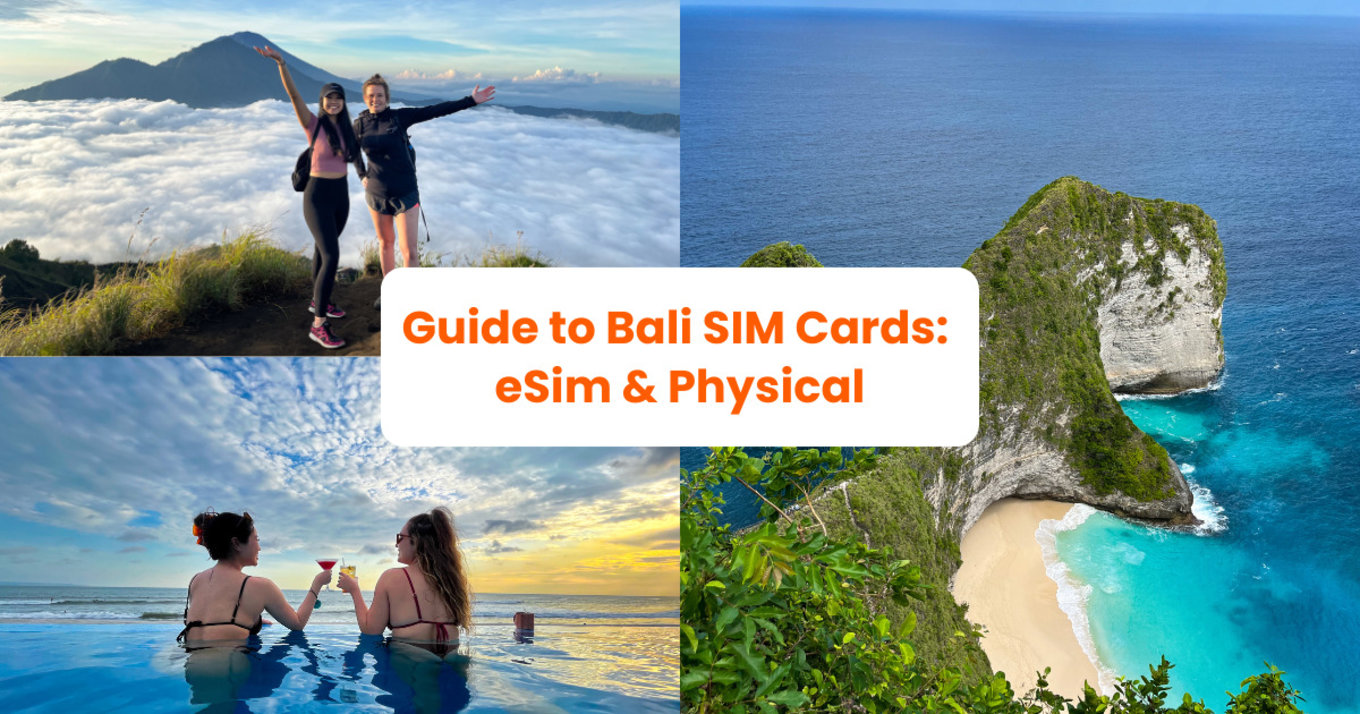 collage of photos showing people enjoying bali, indonesia with copy in the middle about bali sim cards