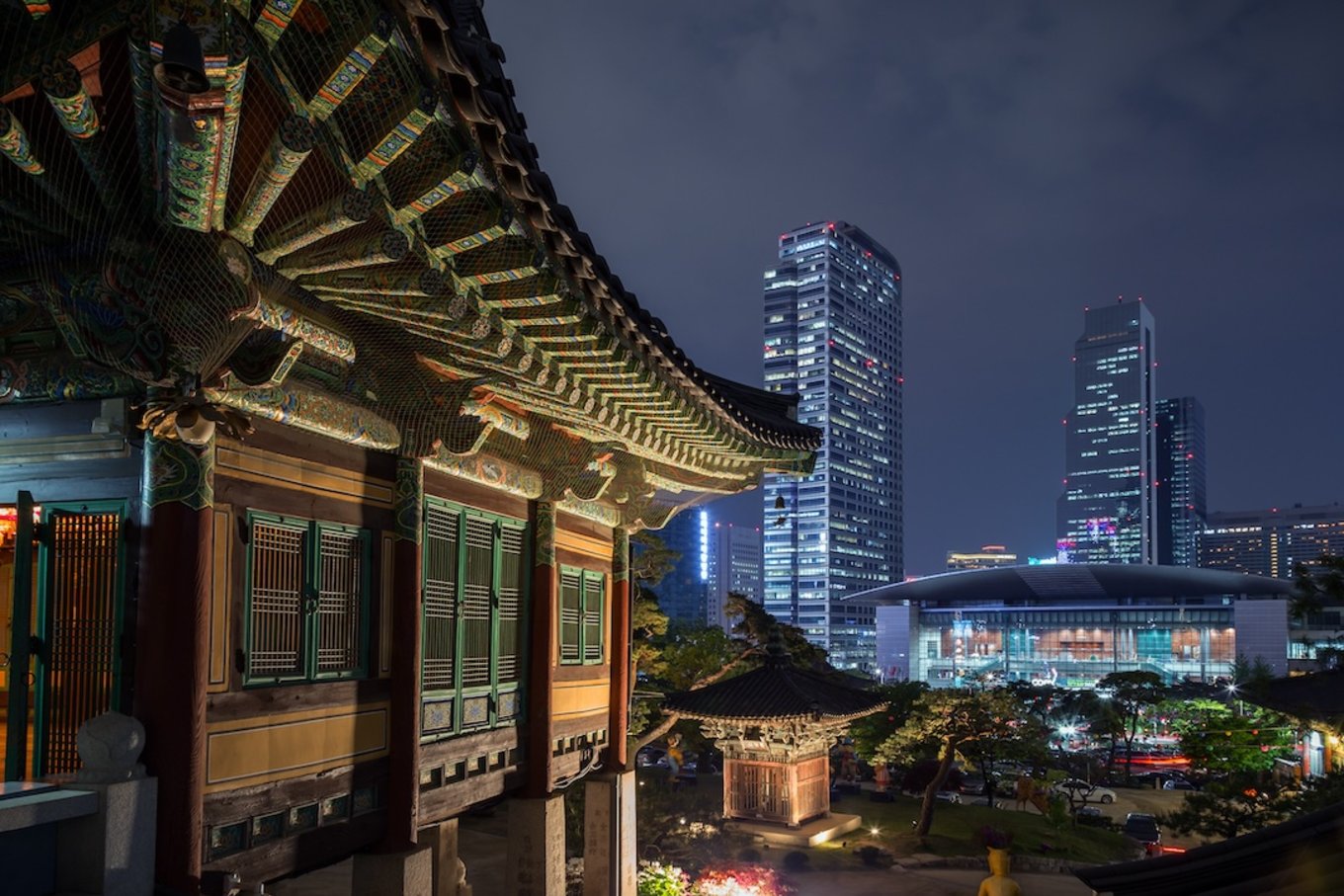 Bongeunsa Temple and view of Gangnam in Seoul, South Korea at night