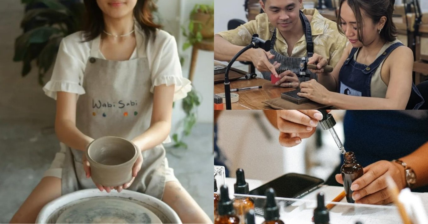 Girl holding a pot, couple making rings & a girl trying out scent