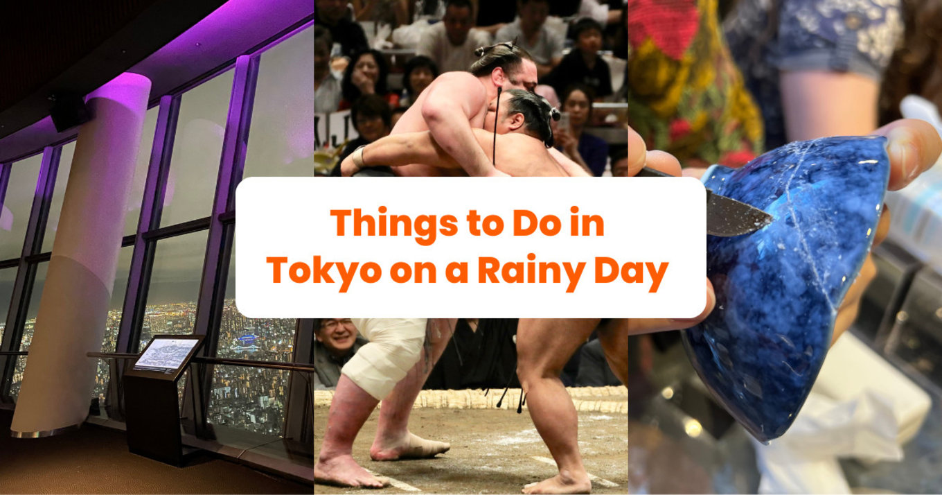 collage of photos showing places and things to do in tokyo on a rainy day