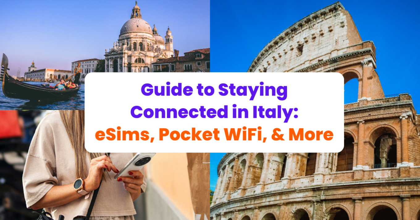 a collage of photos showing famous italy landmarks with the title of the article about how to stay connected to the internet in italy