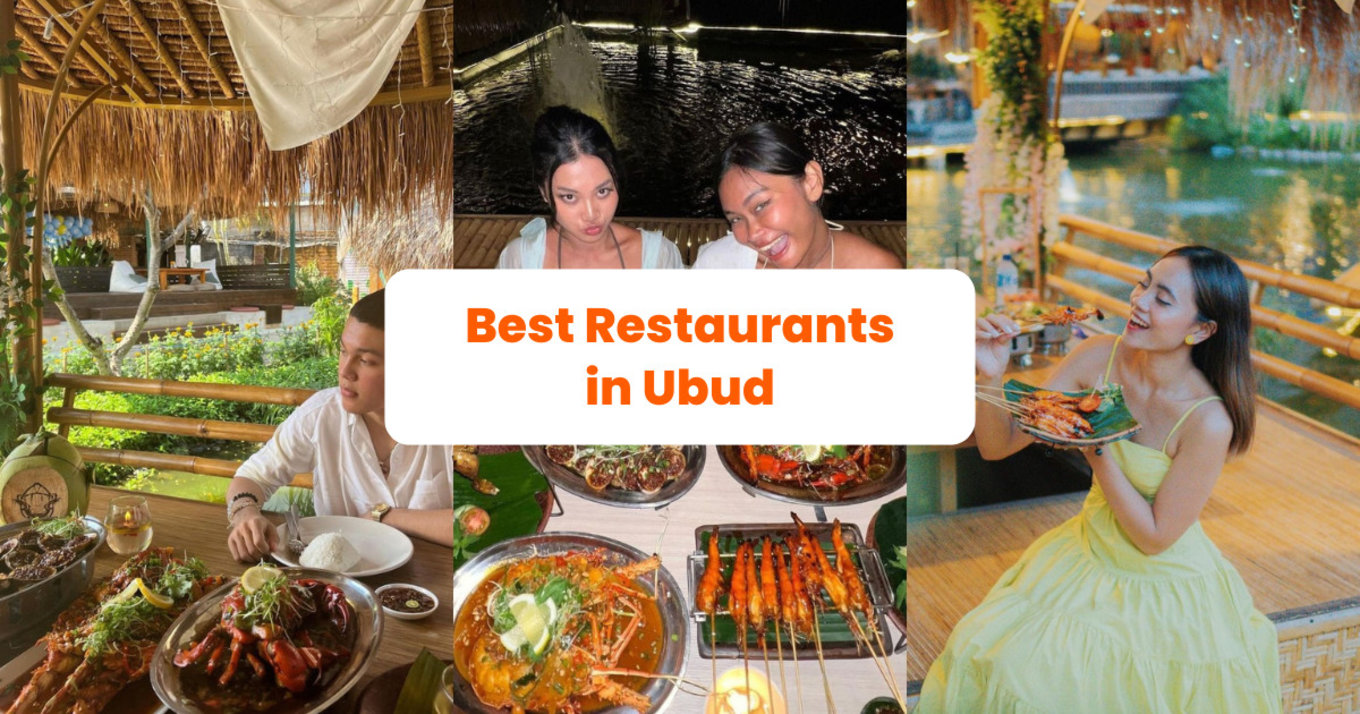 best restaurants in ubud - collage of photos from users: @baleudang and @andrewxbarrett on Instagram showcasing food in ubud bali