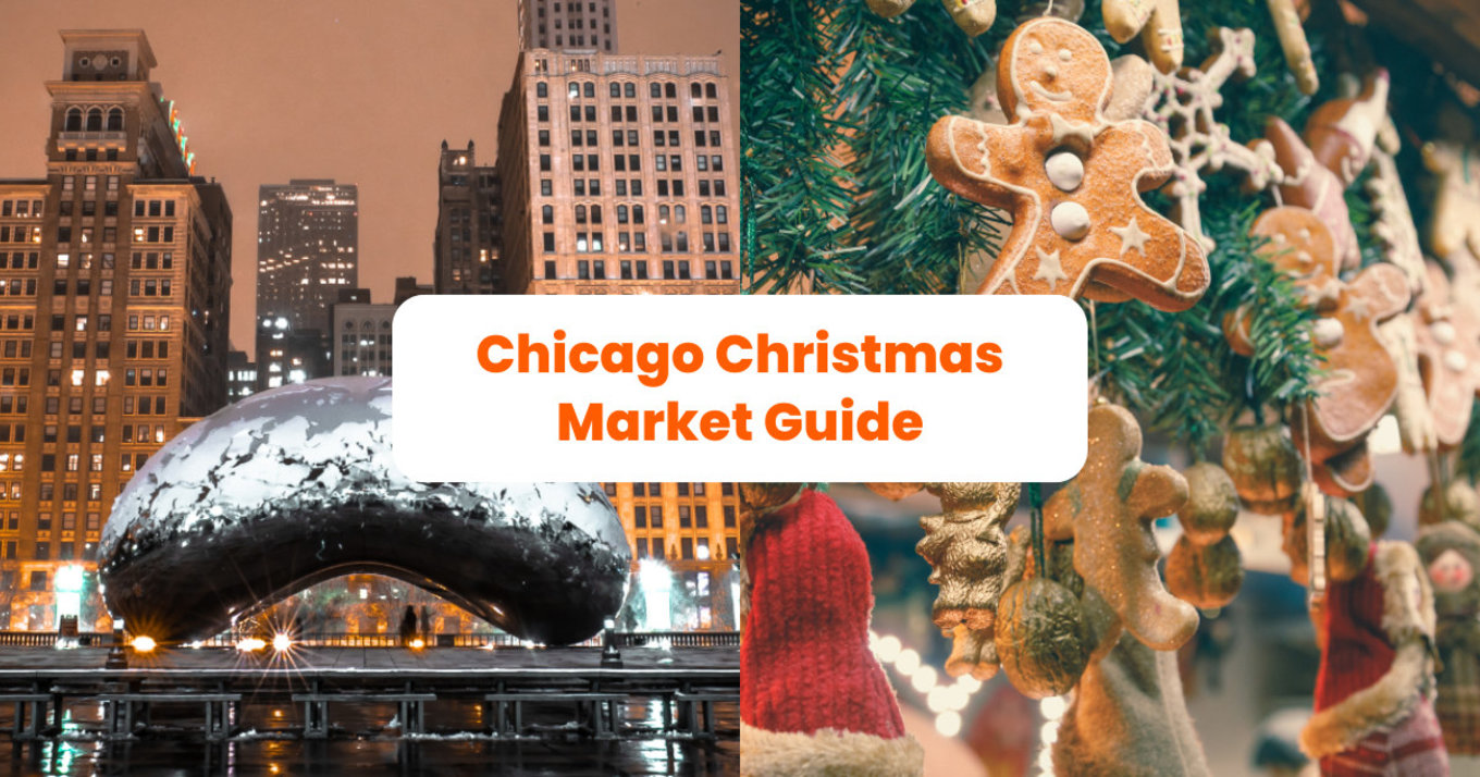 chicago christmas market guide - collage showing famous landmark of chicago and christmas ornaments