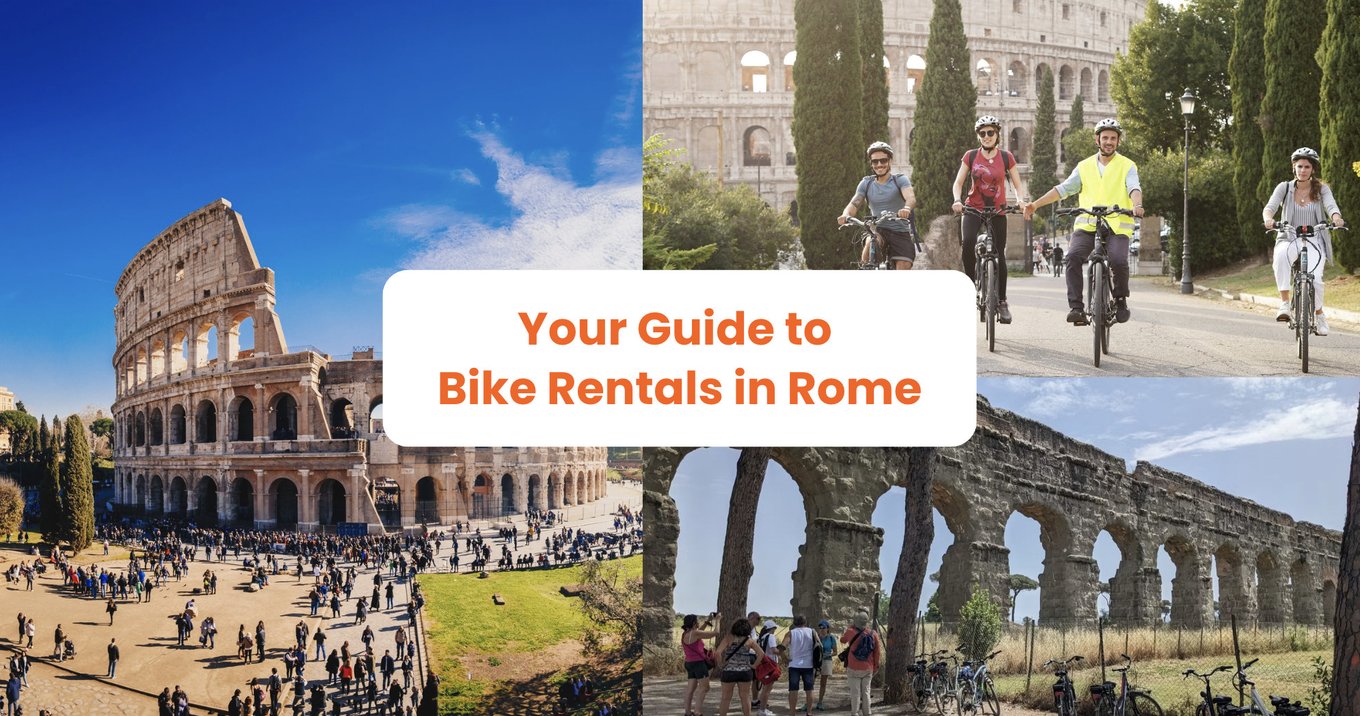 [Bike rental in rome] Collage of Colosseum, Appian Way, and cyclists in front of the Colosseum
