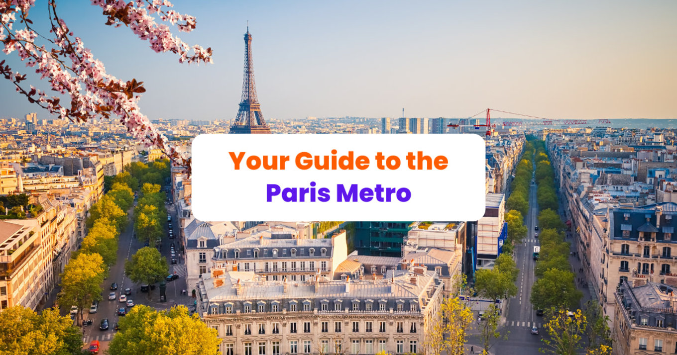 Paris landscape with Eiffel Tower with text "Your Guide to the Paris Metro"