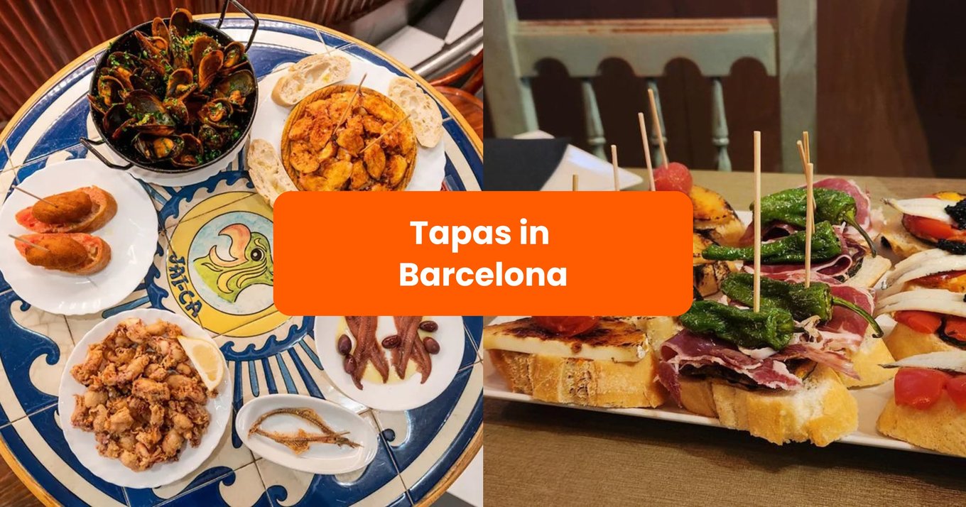 Tapas in Barcelona with seafood, croquettes, pintxos, ham, peppers, and cheese