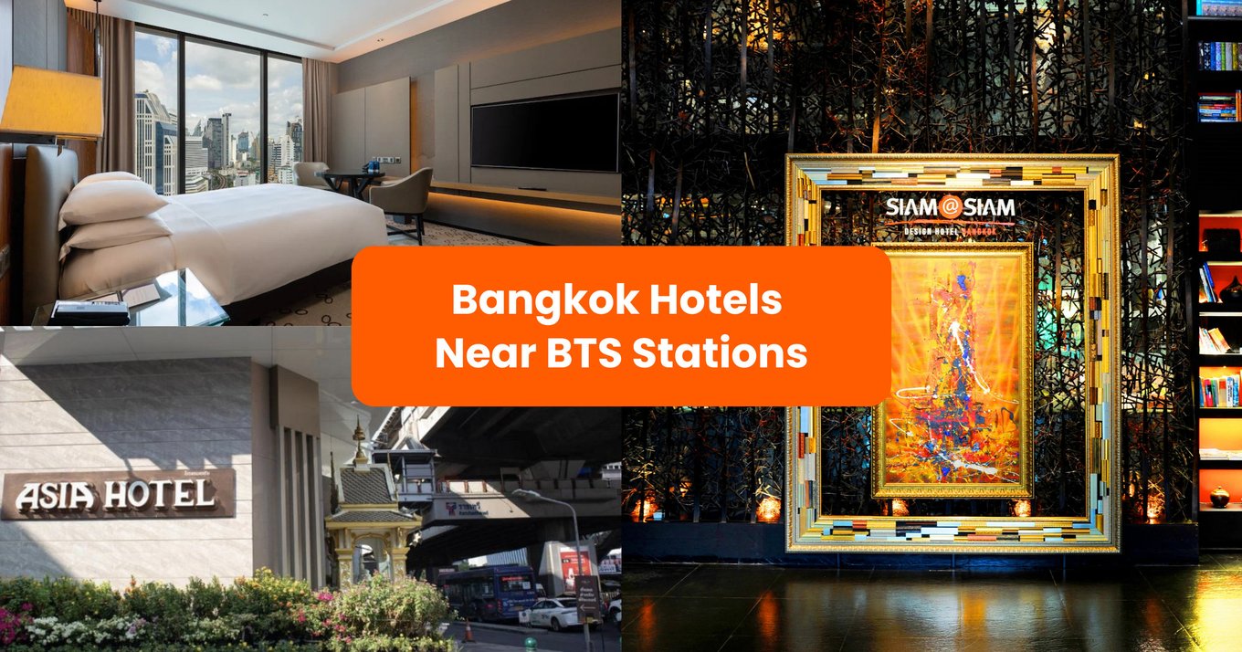 Collage of Bangkok hotels near BTS Skytrain stations with modern rooms and lobby