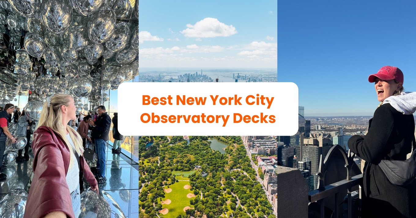 Collage of New York City observation decks including mirrored room, Central Park, and skyline views